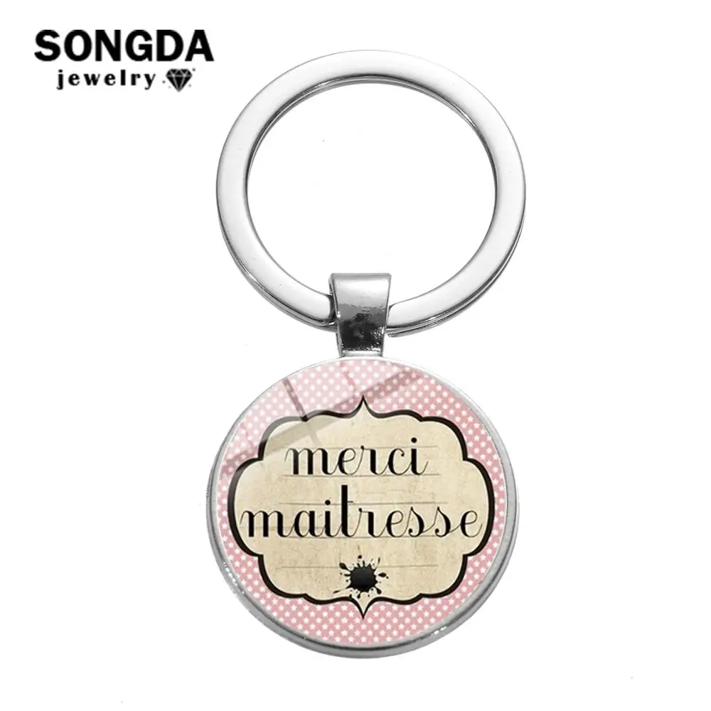 

SONGDA Simple Fashion Merci Mistress Key Ring Silver Plated Metal Glass Cabochon Charm Keychain Thank You Teacher Gift Llaveros
