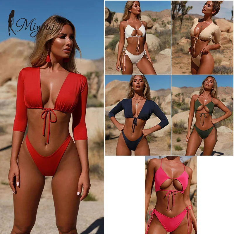 

Miyouj Long Sleeve Bikini Sexy High Solid Swimwear Deep V 2018 Women Swimwear Female Bathing Suits Brazilian Biquini Bikini Set