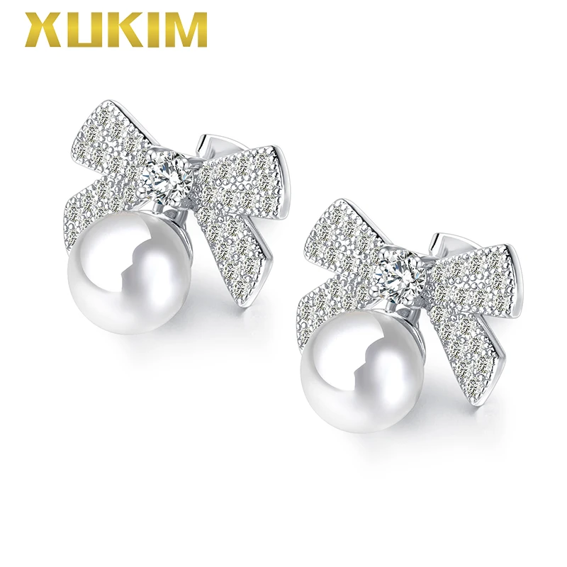 Женские жемчужные серьги KEO103 Xukim набор из серег с бантом и цирконием подарок для