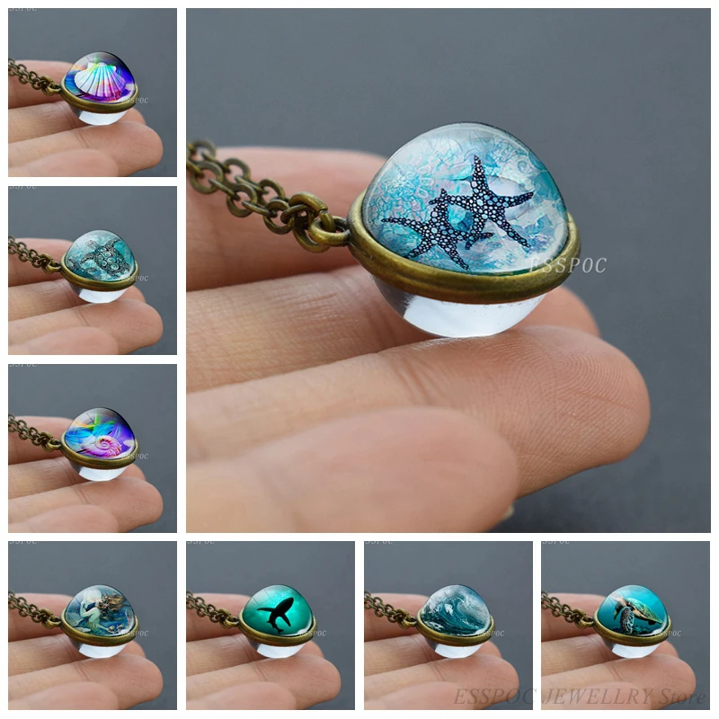 

Sea Double Sided Ball Glass Ball Necklace Starfish Sea Star Shell Conch Sea Turtle Decor Jewelry Pendant Women Gifts