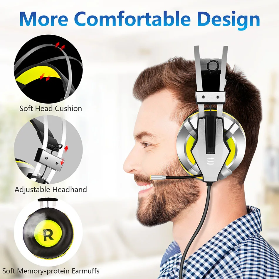 Günstige EKSA E800 Gamer Headset Weiche Ohrpolster Über Ohr Gaming Headset Blau Gelb Kopfhörer Mit Drehen Mic LED Licht Für PS4 PC Xbox