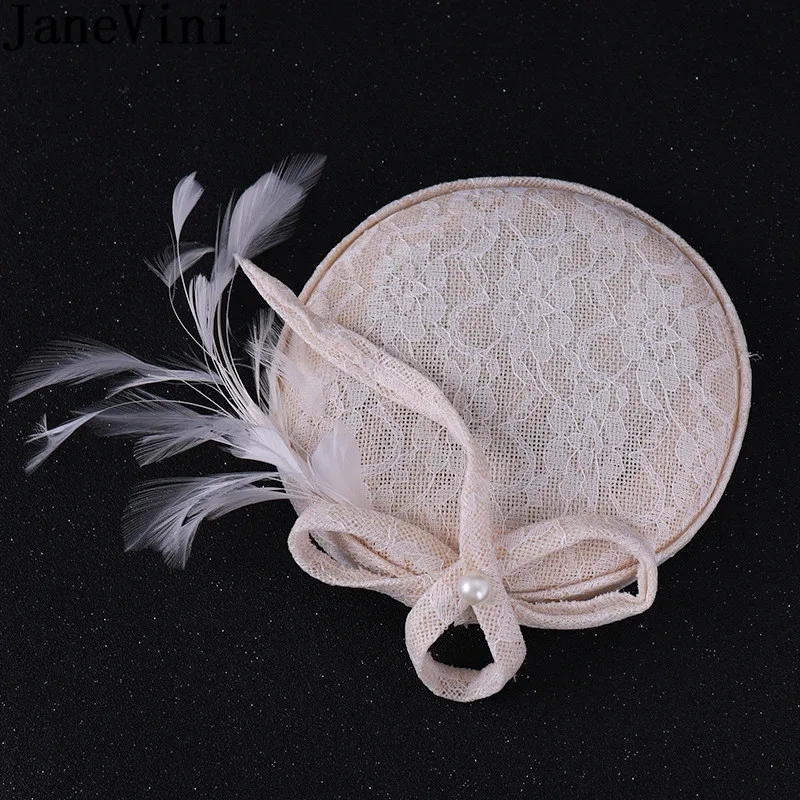 JaneVini Plaquinha Noiva Feathers Wedding Fascinator Accessories Bridal Hat Lace Pearls Decoration Hair Bride Hats Women Banquet