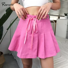 Рапкоптер розовая однотонная плиссированная мини-юбка трапециевидной формы хлопковые юбки Харадзюку на шнуровке в Корейском стиле милая Повседневная летняя юбка