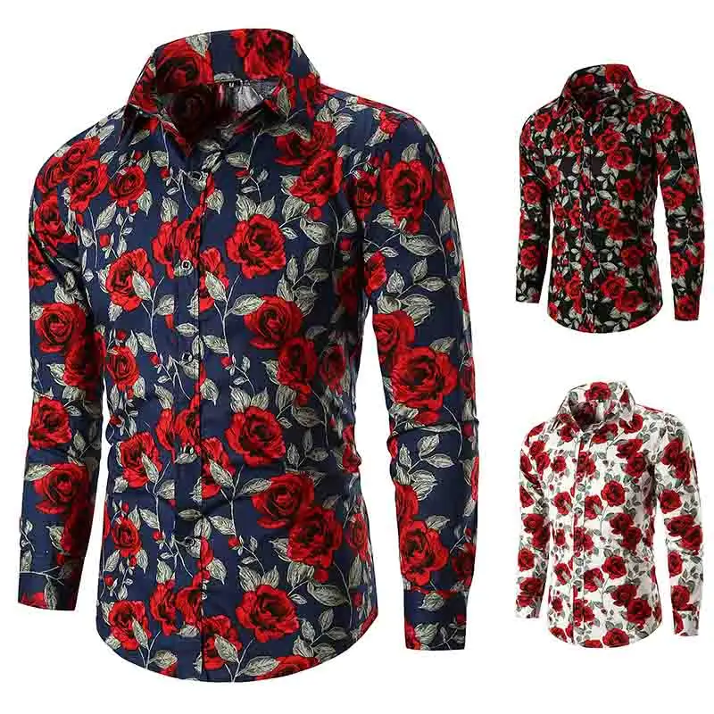 

Hawaiian Beach Summer Shirt New Men's Long Sleeve Casual Shirt Fashion Rose Flower 3D Printed Floral Shirt Turn-Down Collar Sli