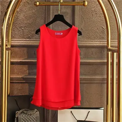 New Solid color Women Long Chiffon shirt summer Casual Top plus size S-6XL Loose sleeveless Blouse Double chiffon Blouses - Цвет: Big Red