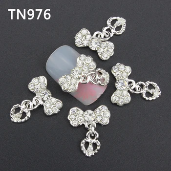 

Blueness 10Pcs Glitter Silver 3D Bows Nail Art Decorations With Heart Rhinestones, Alloy Nail Charms Jewelry for Nail Tool TN976