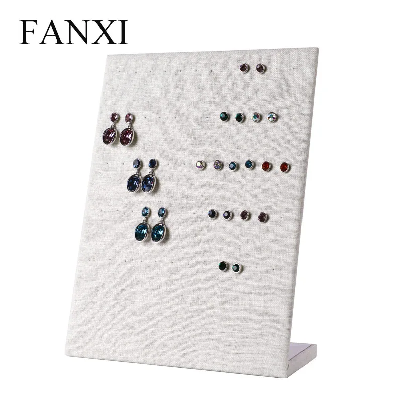 

FANXI L Shape Creamy-White Jewelry Earring/Ear stud Display Stand Wrapped with Linen Earring Organizer for Boutique Showcase