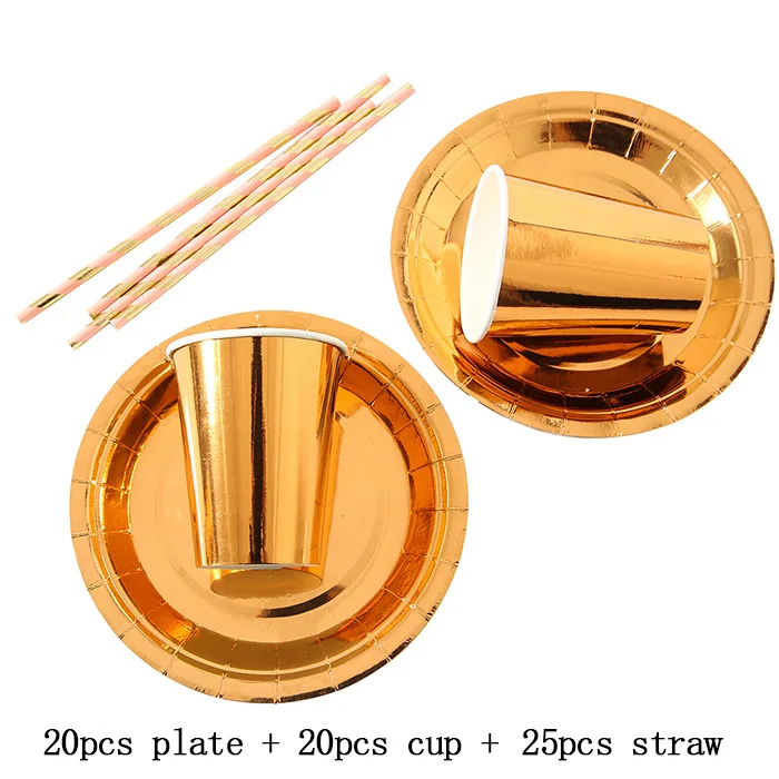 65pcs/set Bronzing Golden Disposable Tableware sets Paper Plates/Cup/Straws wedding kids Birthday Party decor Supplies - Color: Rose Gold