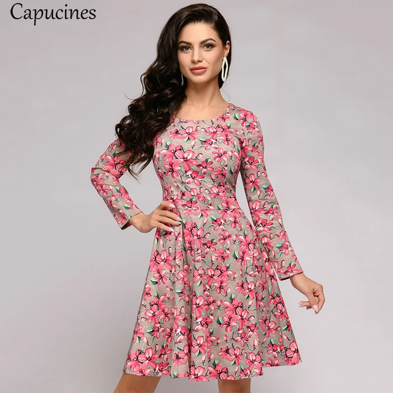 

Capucines 2019 Print Spring Summer Party Women's Waist A-line Dress Long Sleeve Round Collar Mini Vintage Dress