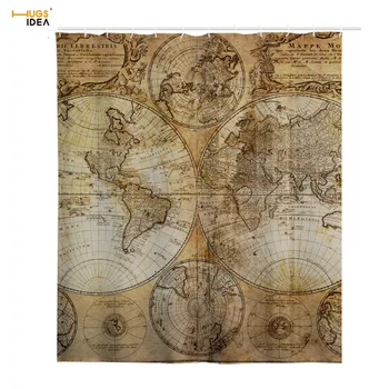 

HUGSIDEA Vintage Style Bath Shower Curtain 3D World Map Printing Bathroom Curtain Waterproof Polyester Fabric with 12pcs Hooks