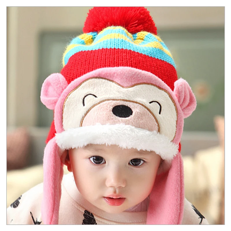 2016 baby winter hat ear muff crochet baby hat for children Headwear warm Knitted baby caps Little monkey style plus velvet cap