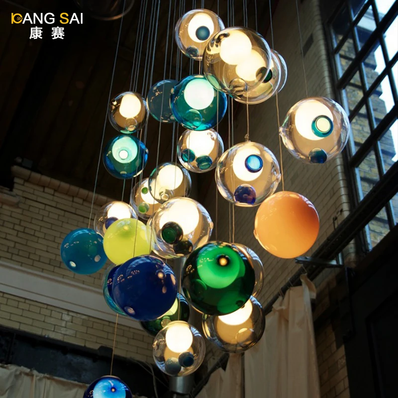 

Modern Staircase Room Personality Dining Room Colorful Glass Ball Pendant Light Lamparas De Techo Colgante luminaire suspendu