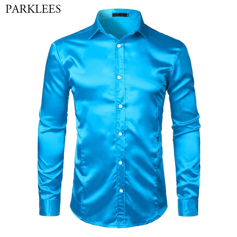 Smooth Silk Satin Shirt Men 2018 Brand New Slim Fit Long Sleeve Dress