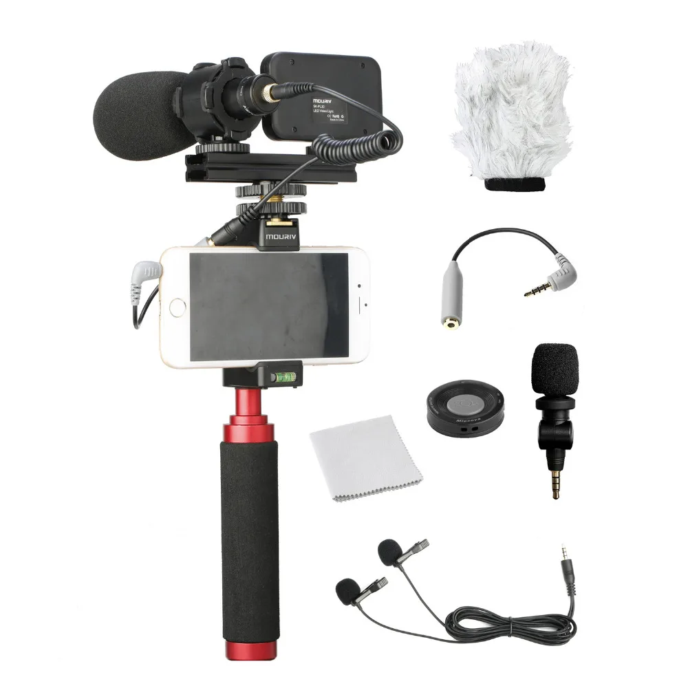 Mouriv PV-1 смартфон видео комплект с Grip Rig, Pro стерео микрофон светодио дный светодиодный свет и беспроводной пульт дистанционного управления-для iPhone 5, 5C 5S, 6, s