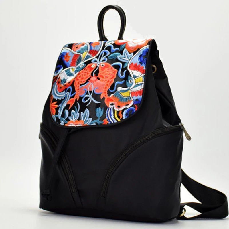 

2018 Flowers&Fish Embroidery Nylon String Backpack Designer High Quality School Bag Drawing Backpacks For Teenage Girls Back Bag
