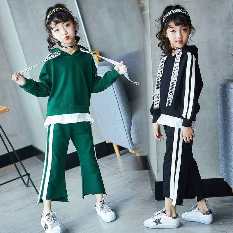 

Girls Clothes Sports Set Green Black Girls Outfits Tracksuit 2017 Autumn Hooded Top with Wide Leg Pants 2 Pcs Girls Set