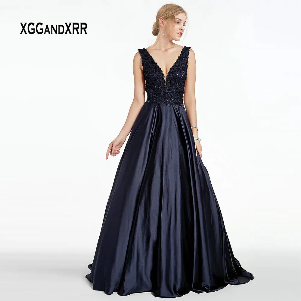 

Navy Blue Evening Dress 2020 Sexy V Neck Long Formal Party Dress With Beading Applique Backless Sweep Train Plus size