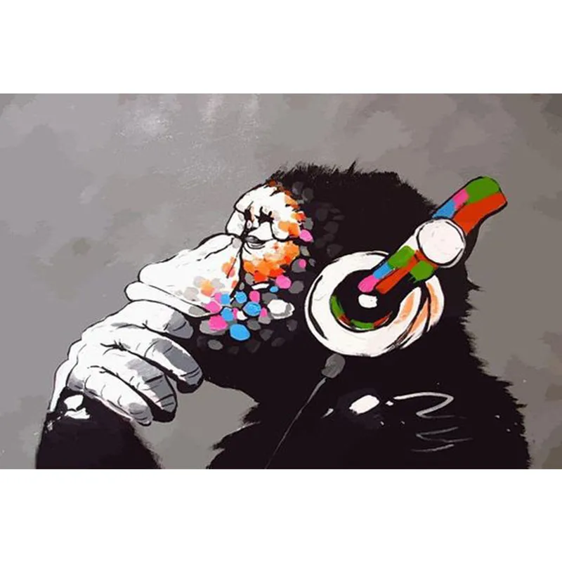 Обезьяна Бэнкси с наушниками настенное Искусство Печать на холсте красочные шимпанзе прослушивание музыки наушники печать уличное искусство Граффити - Цвет: 1