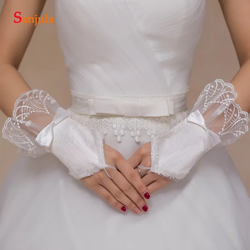 Короткие Свадебные перчатки с кружевными аппликациями наручные Длина митенки Свадебные перчатки 10 штук оптовая Guantes Бланкос S14