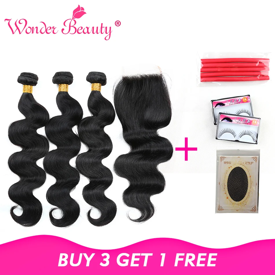 

Wonder Beauty Hair Brazilian Body Wave Non Remy Human Hair Extension deals 3 bundles with Lace closure Hair pieces 8-28 inches