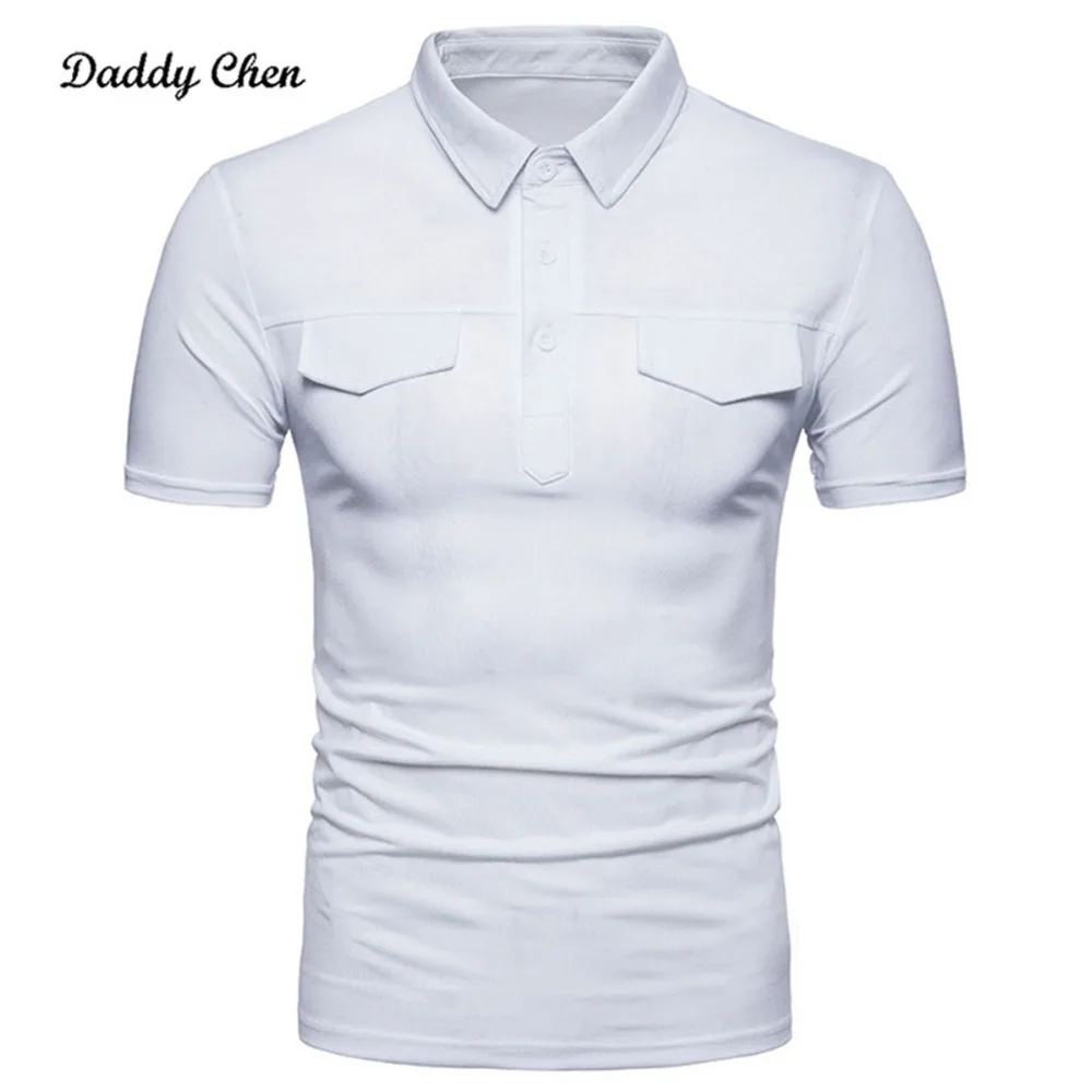 

Casual Summer Double Fake pocket cover poloshirts short sleeves men Slim fit Solid shirts male brand white poloshirt 2018