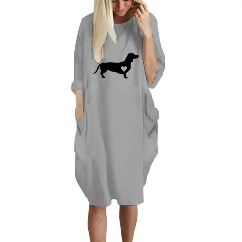 Baratos Nuevo vestido de moda para mujeres perro Animal estampado bolsillo superior vestido femenino de talla grande Tumblr lindo mujeres algodón Kyliejenner