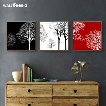 

wall coping Calligraphy painting 3pcs canvas picture black White Red tree house decoration modern art print image screen