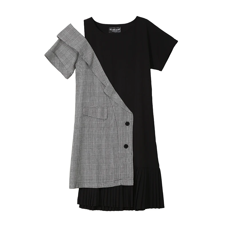 Новинка, корейский стиль, женское летнее Плиссированное асимметричное платье в стиле пэтчворк на одно плечо, Повседневное платье миди, женское платье 5108 - Цвет: 5108 Black