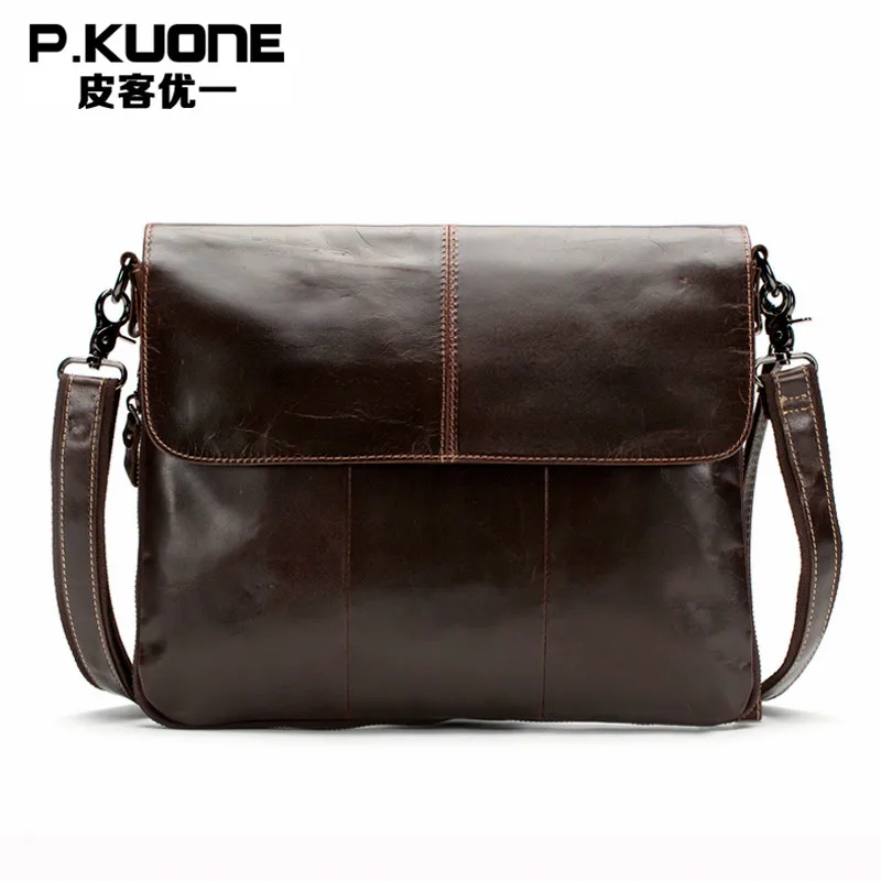 

P.KUONE Casusal Men Bag Vintage Genuine Leather Shoulder Bag Fashion Brand High Quality Natural Cowhide Men Messenger Travel Bag