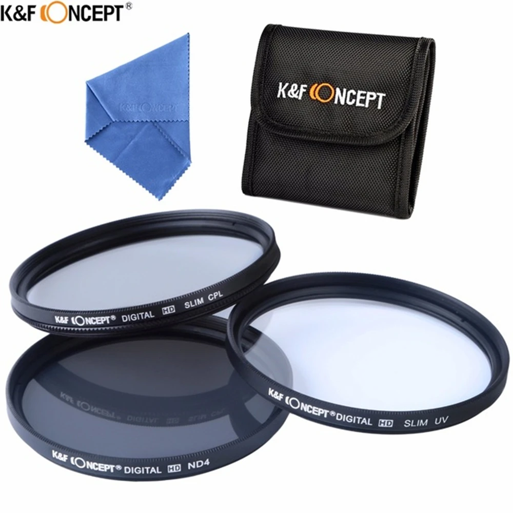 

K&F CONCEPT Brand UV CPL ND4 Camera Lens Filter 52/55/58/62/67/72/77mm Cleaning Cloth+Filter Pouch For Nikon Canon DSLR Camera