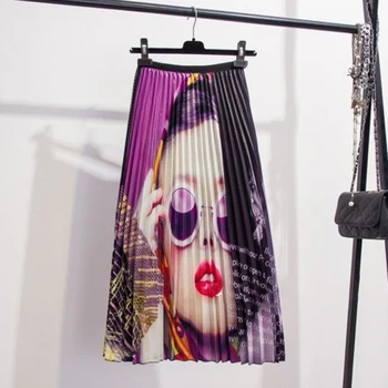 

2019 Fashion New Summer Women Card Glasses Beauty Print Pleated Skirt High Waist Stretch Skirt Beauty Lady Outside Skirt