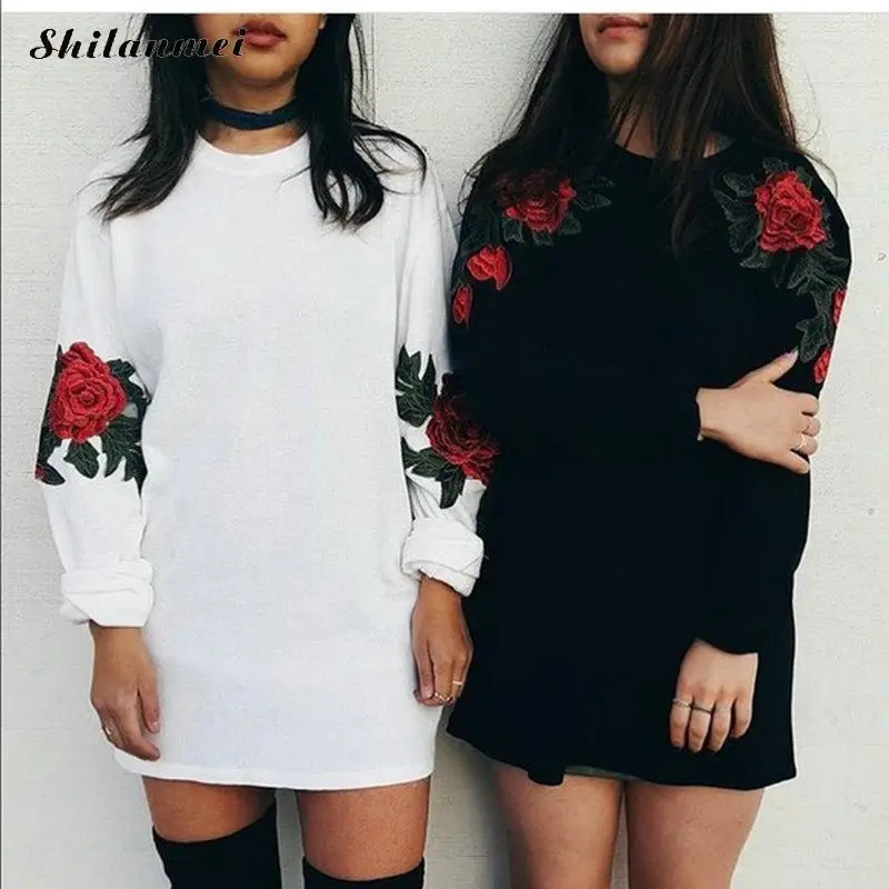 2017 Autumn Womens Print Floral Embroidered Rose Long