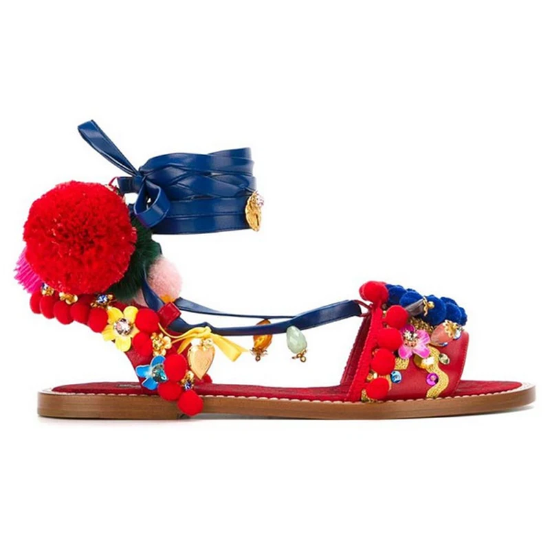 

High Street Fashion Woman Flat Sandals Royal Retro Flower Rhinestone Sandals sheepskin Gladiator Sandals women Drop shipping