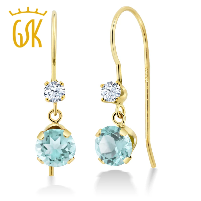

1.10 Ct Round Sky Blue Topaz White Created Sapphire 14K Yellow Gold Earrings