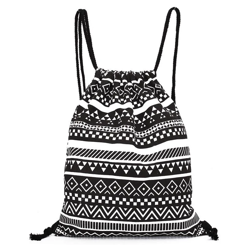 Fashion linen drawstring bag women men Unisex Retro Geometric Printing
