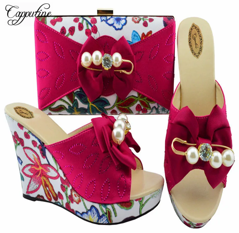 

High Quality Fashion Flowers Woman Shoes And Bag Set 2018 African Elegant High Heels Shoes And Bag Set For Party Dress MM1063
