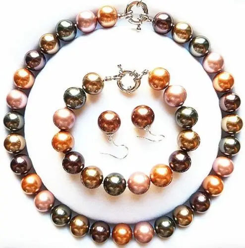 

14mm Multi-Color South Sea Shell Pearl Necklace Bracelet Earrings Jewelry Set AAA style Fine Noble real Natural free shipping