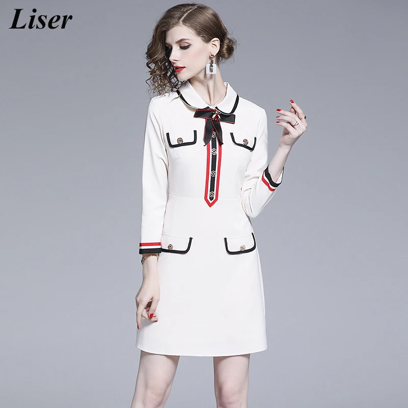 LISER Women Runway Designer White Dress 2019 Elegant Bow Autumn Mini Buttons Turn-down Collar High Quality Dresses Vestidos | Женская