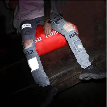 

Cool INS Cotton Reflective Men's Skinny Ripped Jeans Vintage Biker Jogger Distressed Hole Baggy Denim Slim Fit Casual Jean Pants