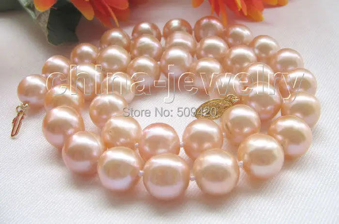 Free Shipping >>>Gorgeous luster 17.5"12mm pink round freshwater pearl necklace - 14k