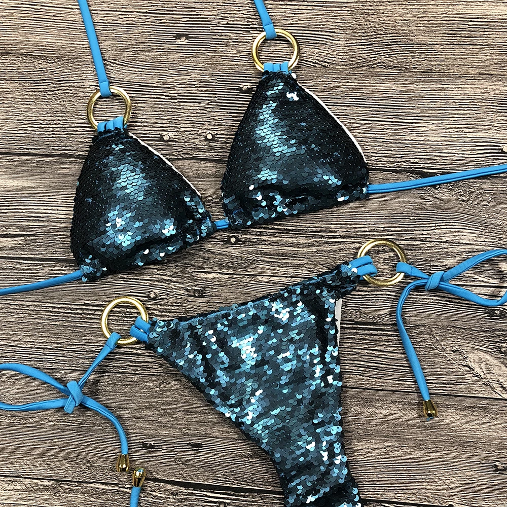 Günstig Solide Bikini Sexy Badeanzug Halter Bademode Badeanzug Frauen Bling Pailletten Bikini Set Strand Tragen Dropshipping Monokini Glitter