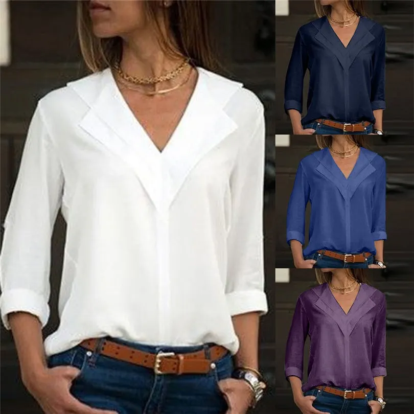  Fashion Women Summer Chiffon Vintage Solid Shirt Office Ladies Plain Slim Casual Daily Blouses Elegant Roll Sleeve Tops #4F11  (1)