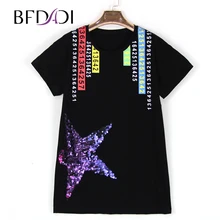 Bfdadi/Для женщин пайетки с принтом букв Длинные свободные повседневные футболки топы с короткими рукавами лето o-образным вырезом футболки Большие размеры Длинные Топы 801