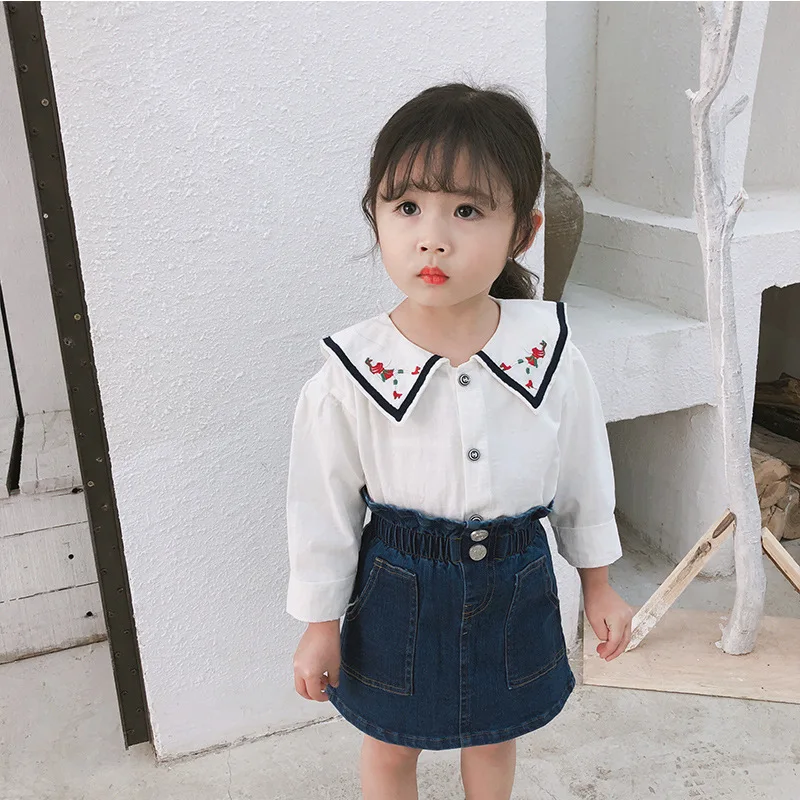 

Girls'blouse New Navy Collar Girls' Shirts Spring 2019 All-cotton Embroidered Long-sleeved Baby blouse Children Girl Top Blouse