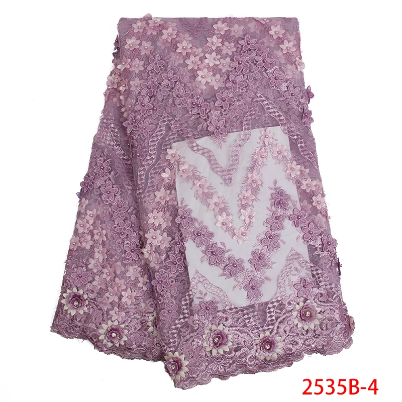 3D Цветы кружевная ткань последний французский тюль кружева ткани с бисером нигерийские кружева аппликация для свадебного платья KS2535B-6
