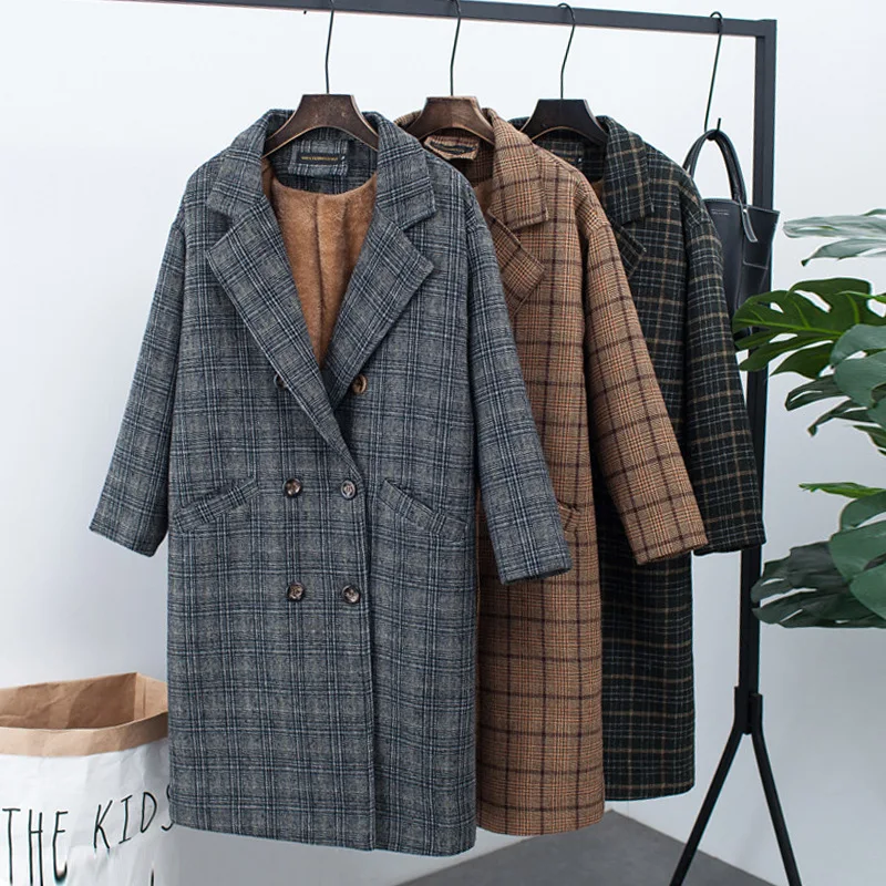 

Women's check wool and velvet jacket double-breasted woolen coat Korean version of the large size loose autumn and winter new