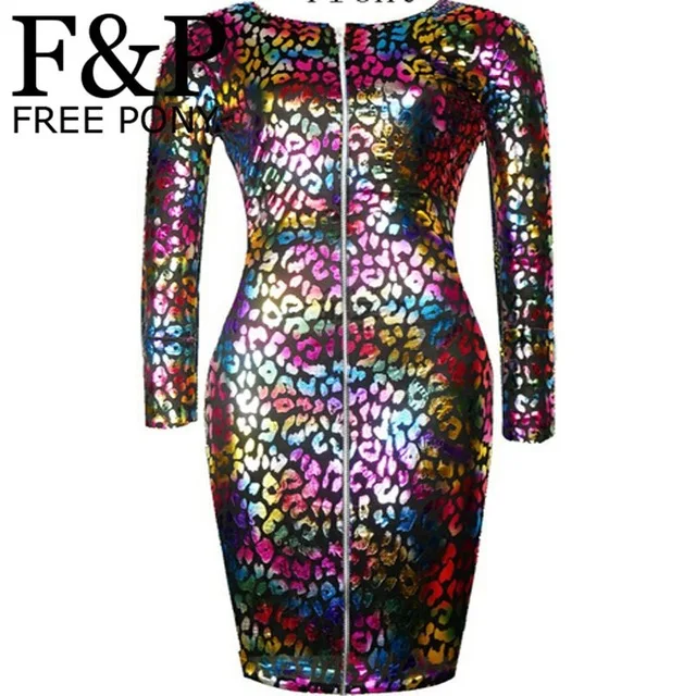 

Sexy Colored Rainbow Leopard Faux Leather Zipper Front Bandage Pencil Dresses New 2015 Long Sleeve Women's Bodycon Midi Dress