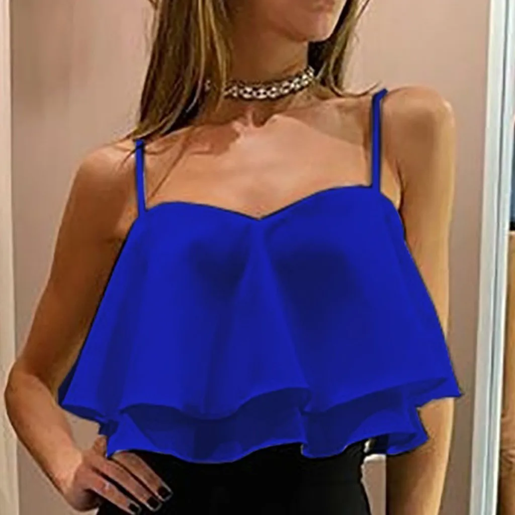 Blusas mujer de moda, женская блузка, рубашка, Женская Сексуальная плиссированная двухслойная шифоновая блузка без рукавов с оборками, туника