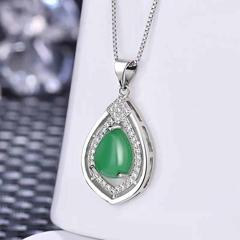 olowu Fashion 925 Sterling Silver Pendant Necklace Pure Silver Natural Stone Red or Green Chalcedony Necklaces Jewelry With CZ (1)