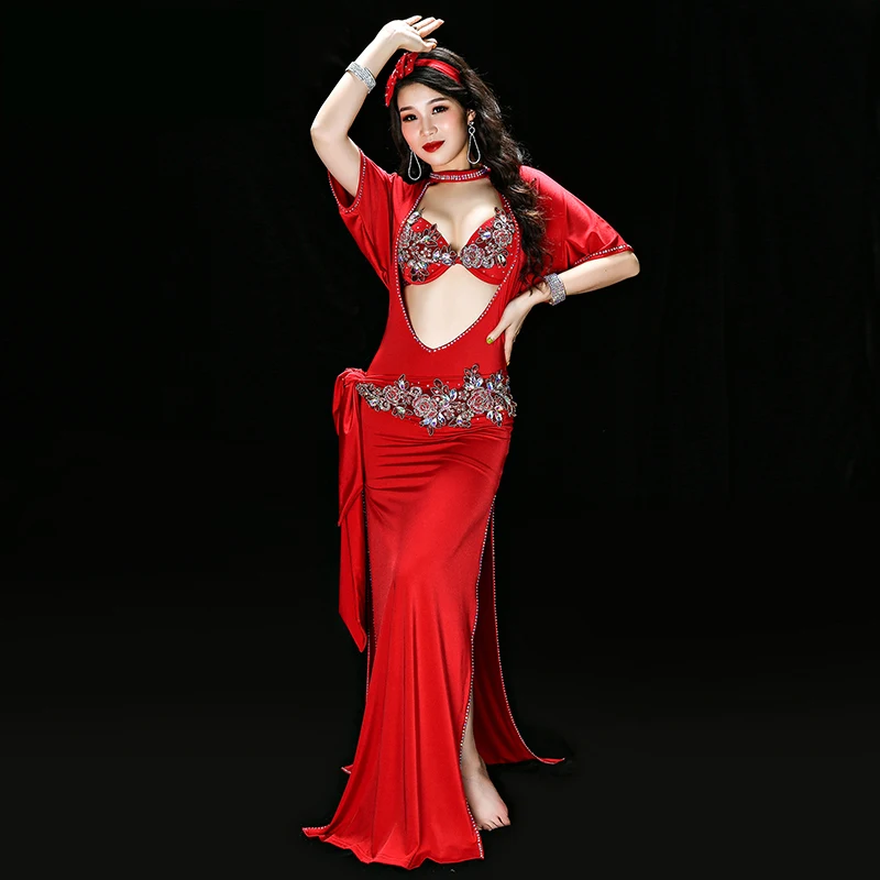 Egyptian belly dance Embroidery saidi dress baladi galabeya Lycra Costume Dress+bra+headpiece+belt+shorts Belly Dance Dresses